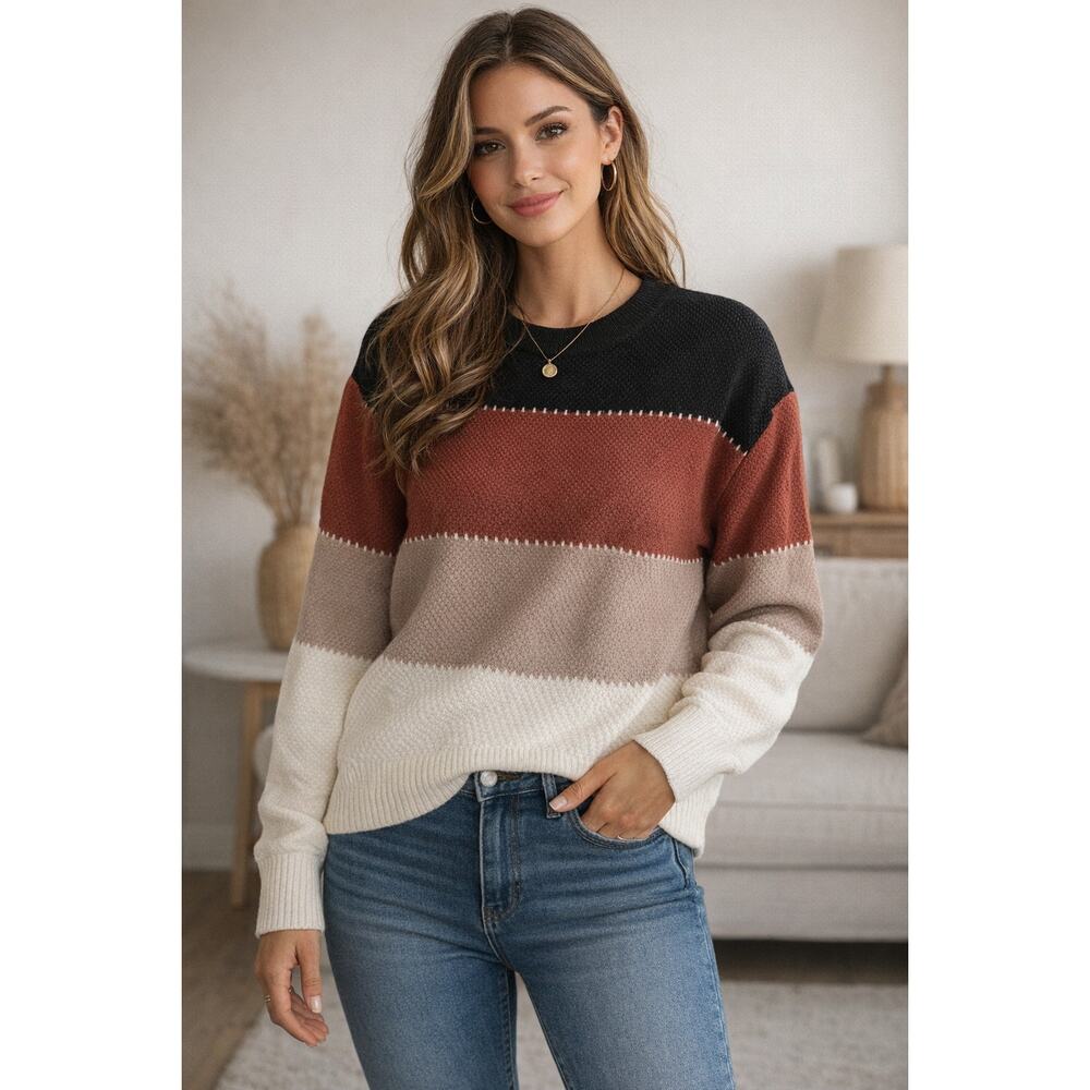 Disamer Womens Medium Color Block Sweater Tan Cream Orange Black NWT